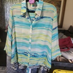 C35 - Chicos TEal, Green Blue White Blouse - B 26, L26 (size 3)